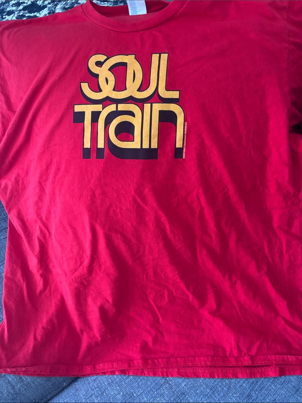 Port and Company Red "Soul Train" Long Sleeve Tee with Yellow Graphic